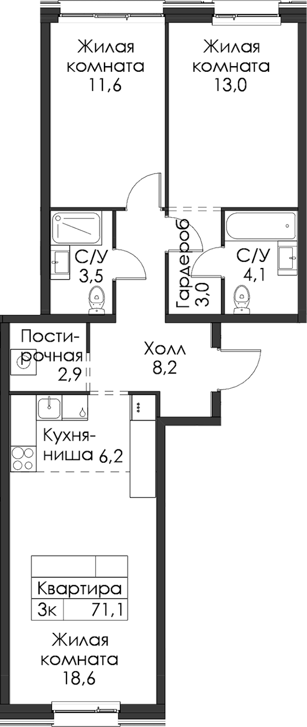 2-комнатная квартира 71.1 м², 5/12 эт., ЖК «Шкиперский 19»